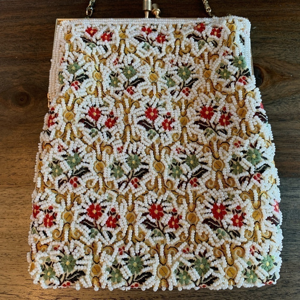 Du-Val Vintage Beaded Purse Made in Hong Kong Gold Tone Chain Flowers Multicolor - Picture 5 of 13